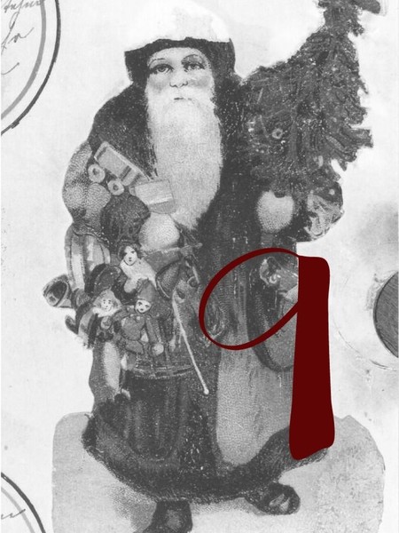 Zeichnung eines Weihnachtsmanns, darunter die Zahl "neun"