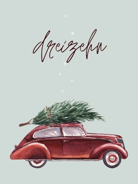 Die Zahl dreizehn ausgeschrieben, darunter eine Zeichnung eines Autos mit Weihnachtsbaum auf dem Dach