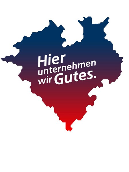 Westfalenkarte mit Farbverlauf mit dem Slogan "Hier tun wir Gutes"