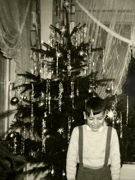 Junge vor Weihnachtsbau mit Lametta