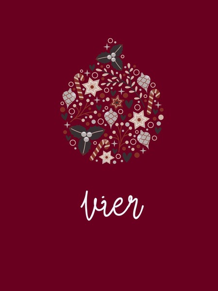 Zahl "vier" auf rotem Grund, darüber eine Weihnachtskugel, die sich aus einzelnen Formen zusammensetzt.