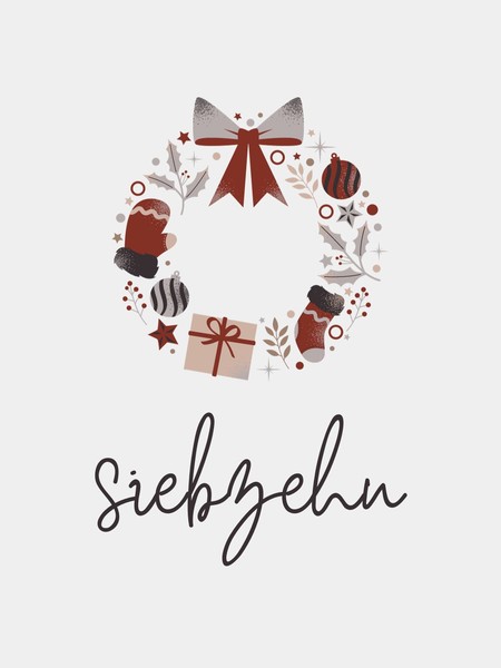 Die Zahl "siebzehn" auf weißem Grund mit einem stilisierten Weihnachtskranz darüber.